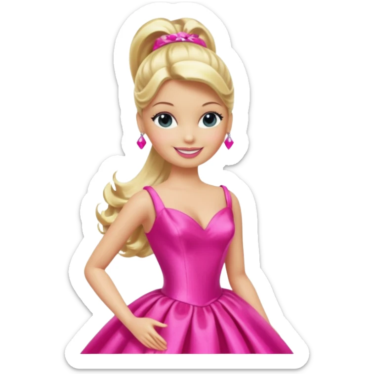 En klassisk blond modedukke med høj hestehale, iført en glamourøs hot pink aftenkjole, skinnende plastik-tekstur, smilende, ikonisk legetøjs-æstetik. sticker