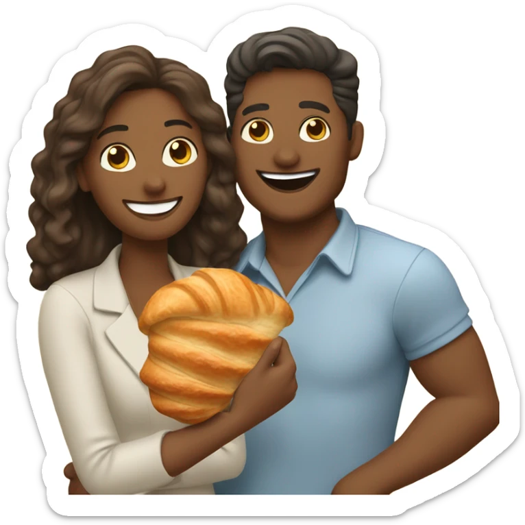 a happy woman and a man are friends and holding a croissant sticker