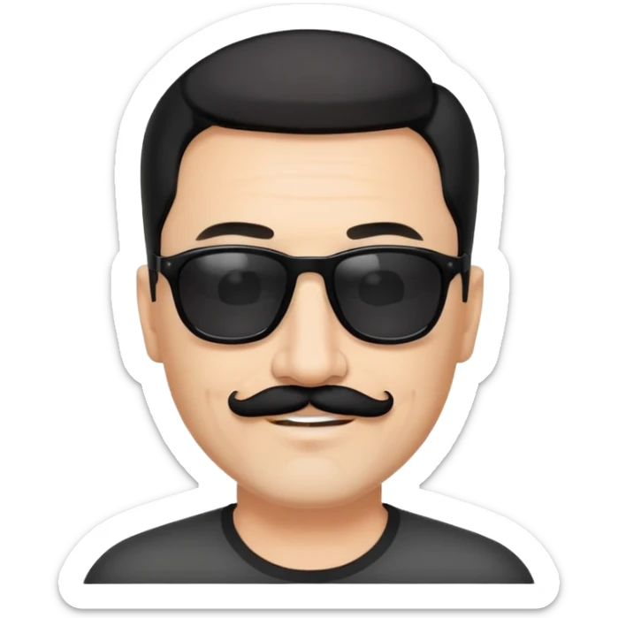 đàn ông 50 tuổi, da trắng, có râu ria đen. đeo kính đen, tóc đen ngắn, cười mỉm sticker
