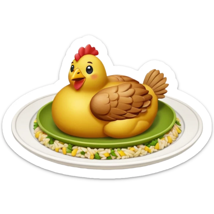 moji 3D de plato redondo con pechuga de pollo a la plancha en tiras, arroz blanco, rodajas de aguacate y maíz amarillo, vista desde arriba, fondo blanco, estilo simple. sticker