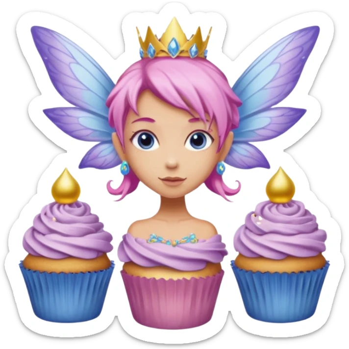 beige fairy cupcakes with yellow frosted icing on top and a enchantress fairy with tanned skin and pink hair and lilac wings and blue eyes wearing a dusky pink embellished gown decoration sticker