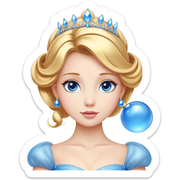Cinematic Stunning Cinderella Portrait Emoji, Radiant in her sparkling blue ball gown, golden hair in a perfect updo, soft blue eyes full of wonder, glistening tiara, glowing with an ethereal beauty, regal yet kind, a dreamlike aura surrounds her, capturing the essence of a fairy tale princess, elegant and breathtaking! sticker