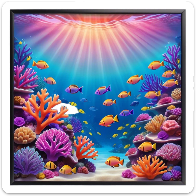 Cinematic Realistic Coral Reef Emoji in a wooden frame, Vibrant and alive, with colorful corals in hues of pink, purple, and orange, swaying gently with the underwater currents. Schools of tropical fish dart between the coral, with soft rays of sunlight piercing through the clear blue water above, creating a magical, serene underwater world. Soft glowing outline, capturing the essence of the bustling, colorful, and peaceful aquatic paradise. sticker