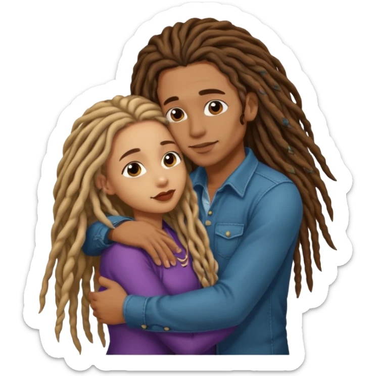 light skin man with dreadlocks, and brown skin girl with nice long hair. kissing and hugging.  sticker