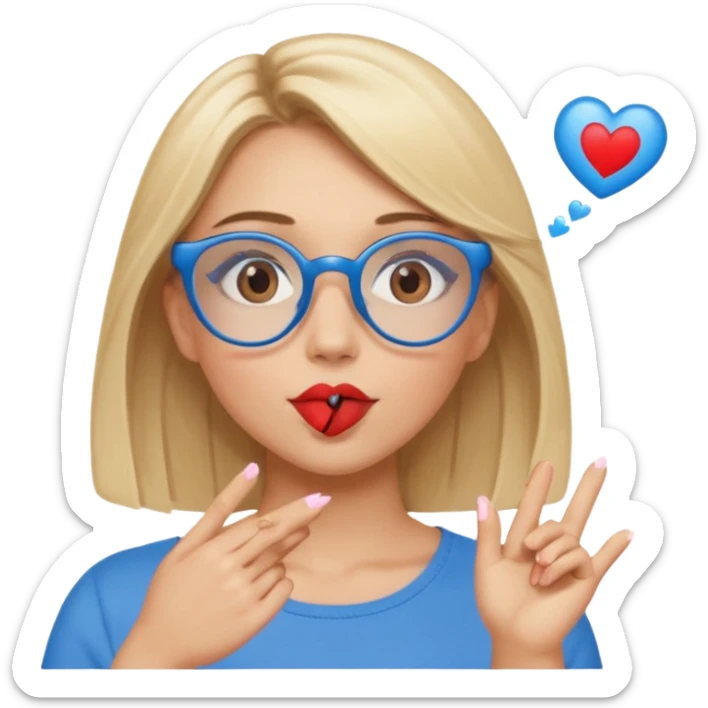 Asthectic Blonde women with a middle hair pattern, brown eyes, blue glasses, waering a brown top, blowing a kiss with hearts around her. sticker