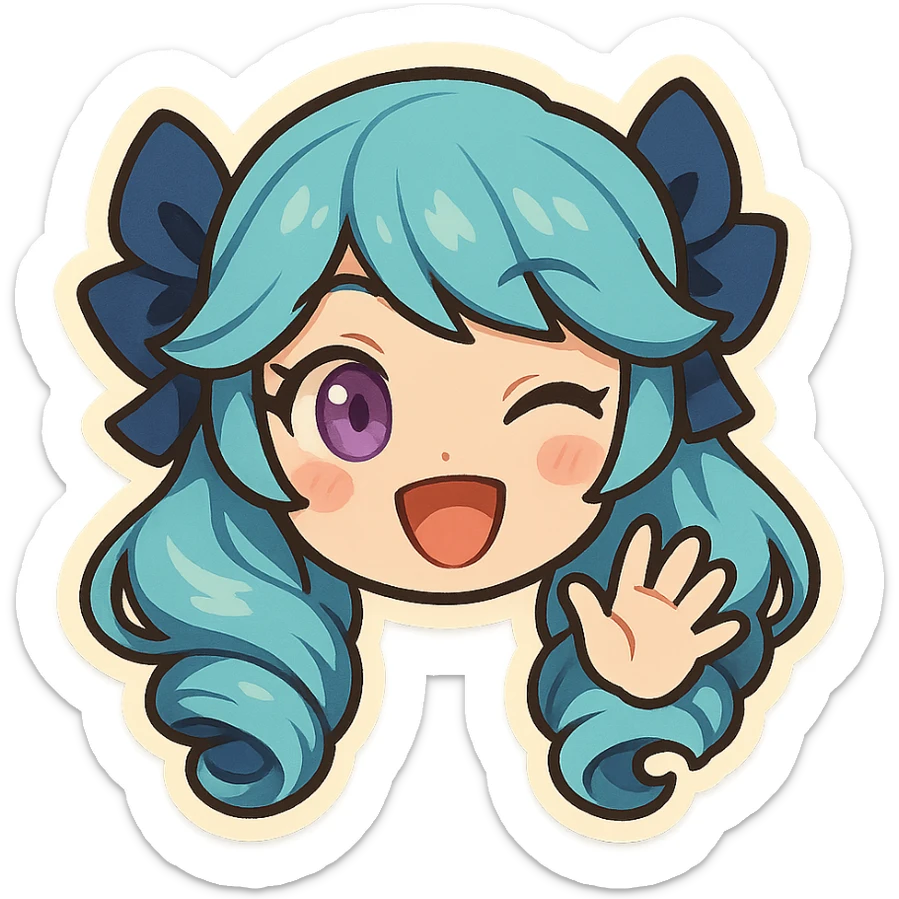 chibi style Gwen from League of Legends, only head, right eye purple, waving hi, frame 3: hand at highest point, big smile sticker