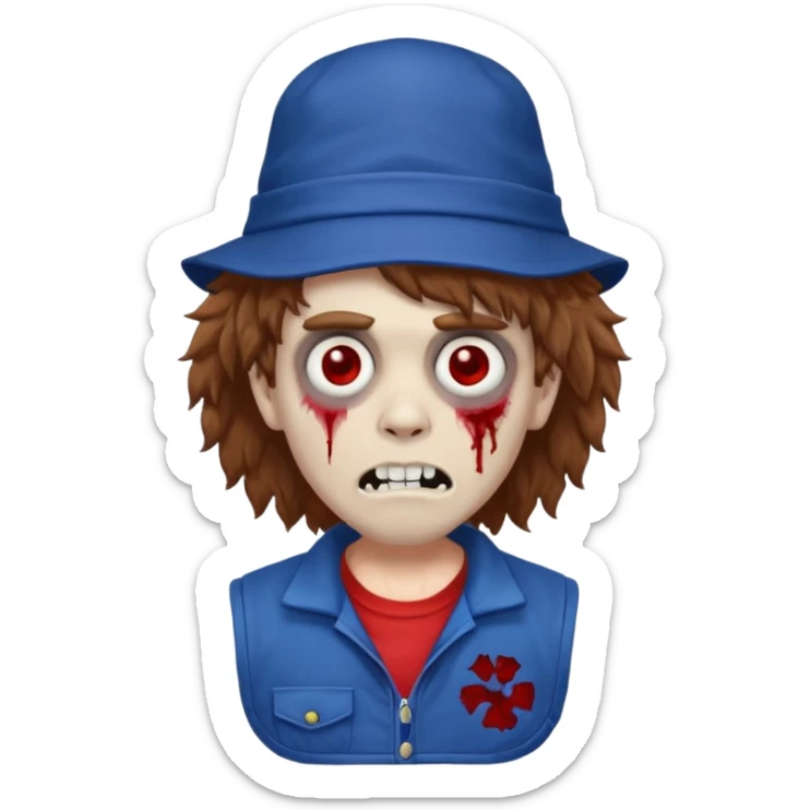 brown fluffy hair zombie with blue and white hat dark blue jilet red t shirt sticker