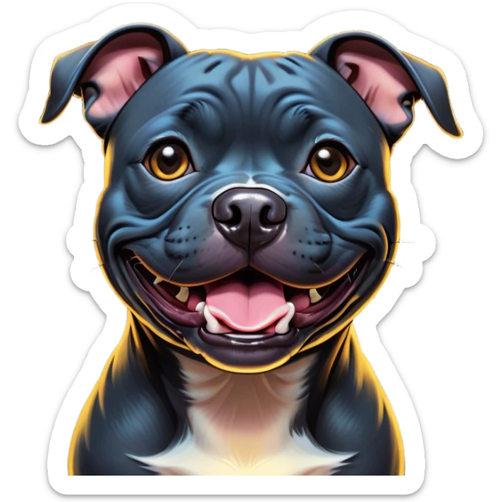 Cinematic Comical Black/Brindle Staffordshire Bull Terrier Portrait Emoji, Head tilted dramatically with an exaggeratedly amused expression, featuring a striking Fur with bold black and brindle patterns, wide, expressive dark eyes filled with playful disbelief, Simplified yet hilariously expressive features, highly detailed, glowing with a slightly sassy glow, high shine, dramatic yet playful, stylized with an air of cheeky mischief, bright and endearing, soft glowing outline, capturing the essence of a spirited and over-the-top guardian, so meme-worthy it feels like it could side-eye its way into internet fame instantly! sticker