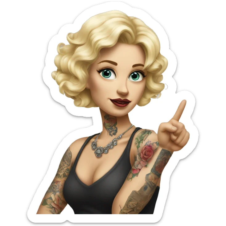 Blonde elegant women, her Body Covered with Tattoos, POINTING YOU with her ONE HAND , Hyper realistic sticker
