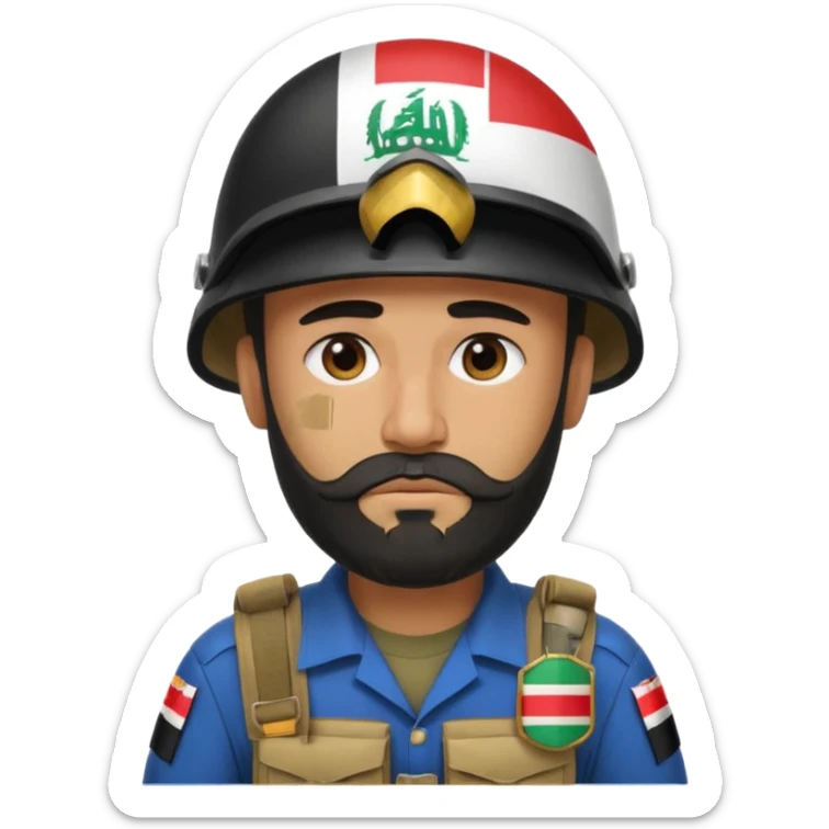 A very tired and sad, swarthy Iraqi soldier with a beard, an Iraqi flag on his helmet, a sad expression and bags under his eyes sticker