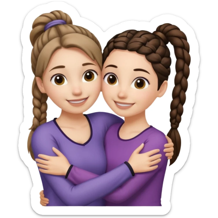 Comforting Hug two white skin women, one shorter woman with medium brown simple top ponytail, not braided, and one taller woman with a single long black side braid sticker