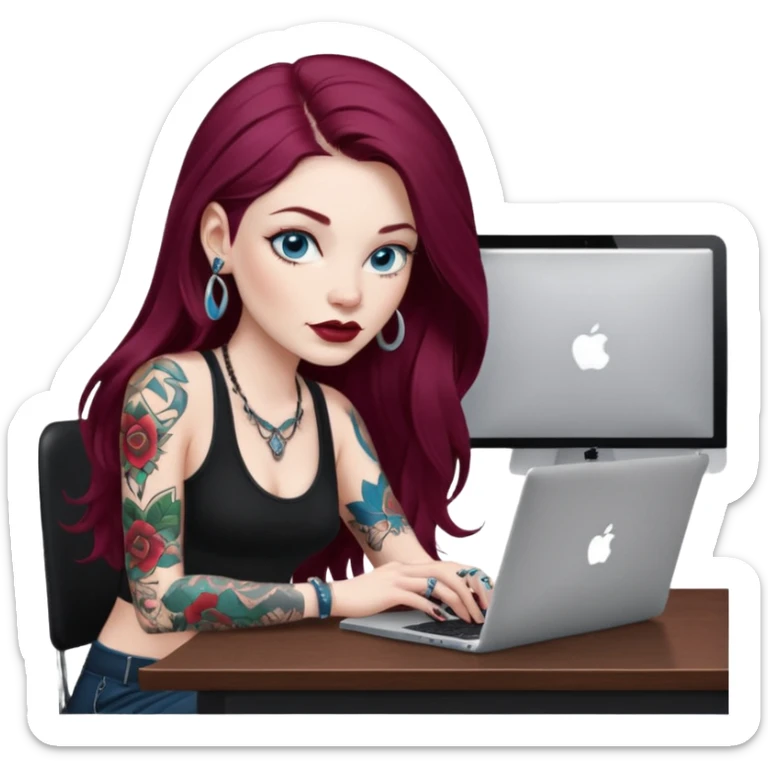 Realistic Macbook pro, side view of female, long burgundy hair, pale skin, big lips, blue eyes with tattoos, wearing black, graphic designer, sitting at work desk with MacBook open, still view sticker