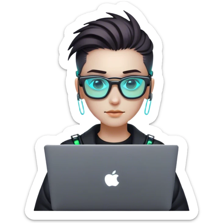 An emoji of a person with a laptop, but wearing cyberpunk glasses and with a slight neon glow sticker