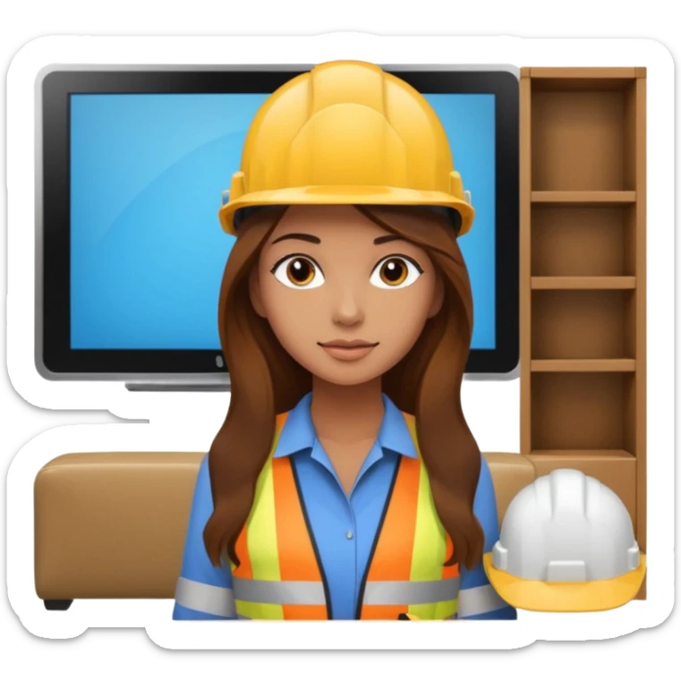 beautiful girl with long brown hair constructing new lounge room area with flat screen tv and couch sticker