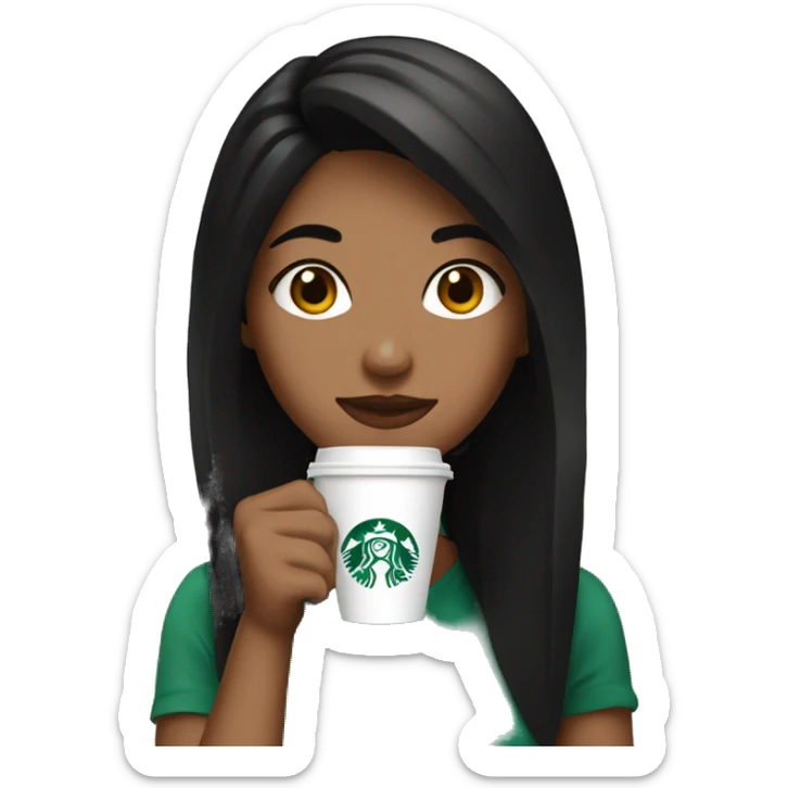 pretty girl with black hair enjoying a coffee from Starbucks sticker