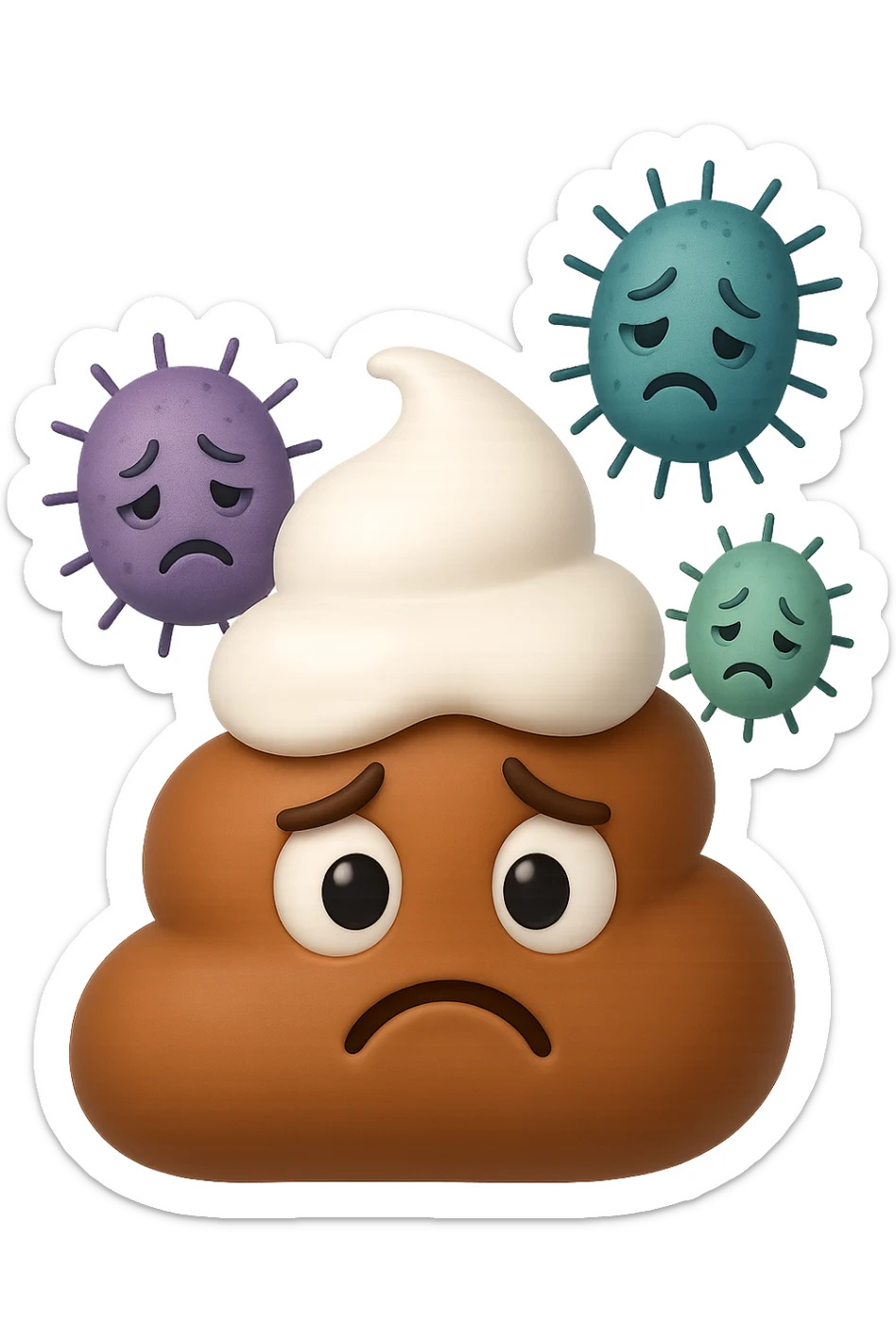 emoji stile iphone 3d di una cacca con muco bianco sopra, dietro cui fluttuano batteri intestinali tristi, iperrealistiche 4k sticker