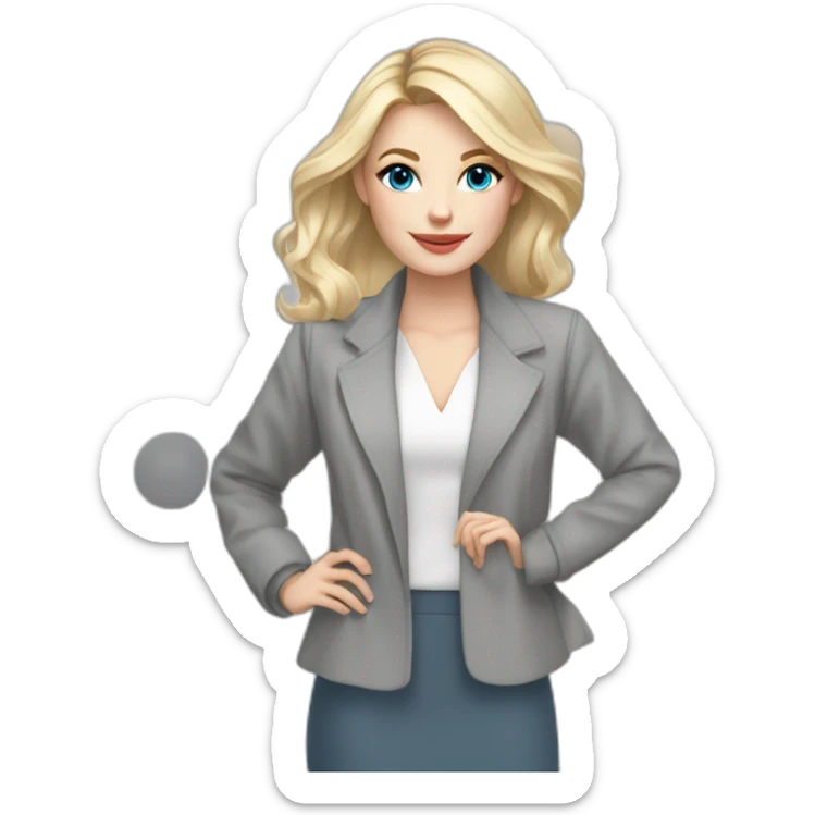 pale skin woman interior designer with cold blonde middle length hair, blue eyes, White blouse, Gray oversize jacket, Gray skirt holding a color palette in the hands sticker