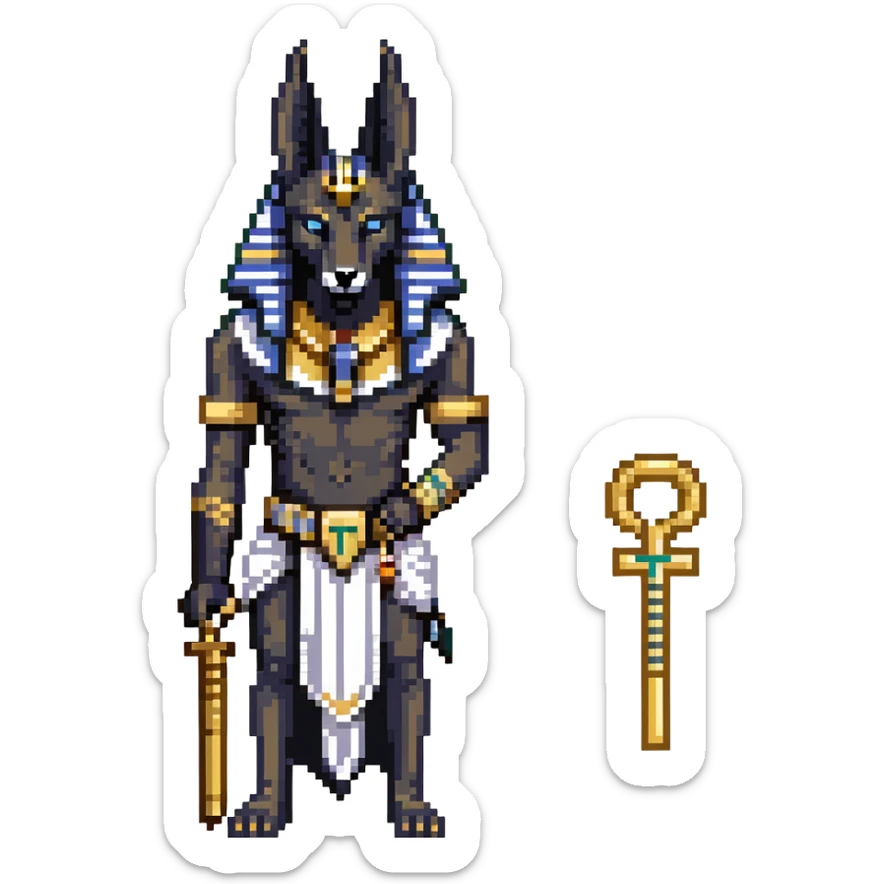 Egyptian god Anubis with black jackal head, gold collar, Egyptian headdress, holding ankh symbol sticker