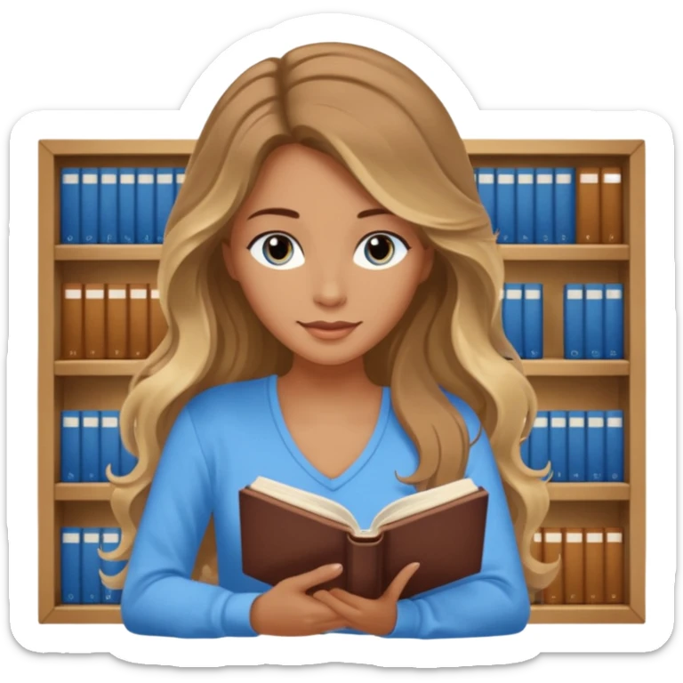 pretty female with long wavy brown hair with blonde highlights and blue eyes  in a relaxed position reading the book 'Rebecca' sticker