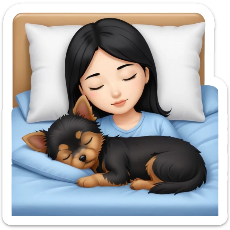 pretty asian girl with black hair sleeping in bed with small yorkshire terrier sticker