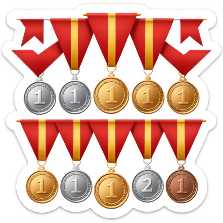 Icon for Collecting Orders, Medals & Badges: a variety of medals, orders and badges displayed on a large red pennant with fringed edges. The icon should convey the prestige and historical value of these collectibles. Transparent background. sticker