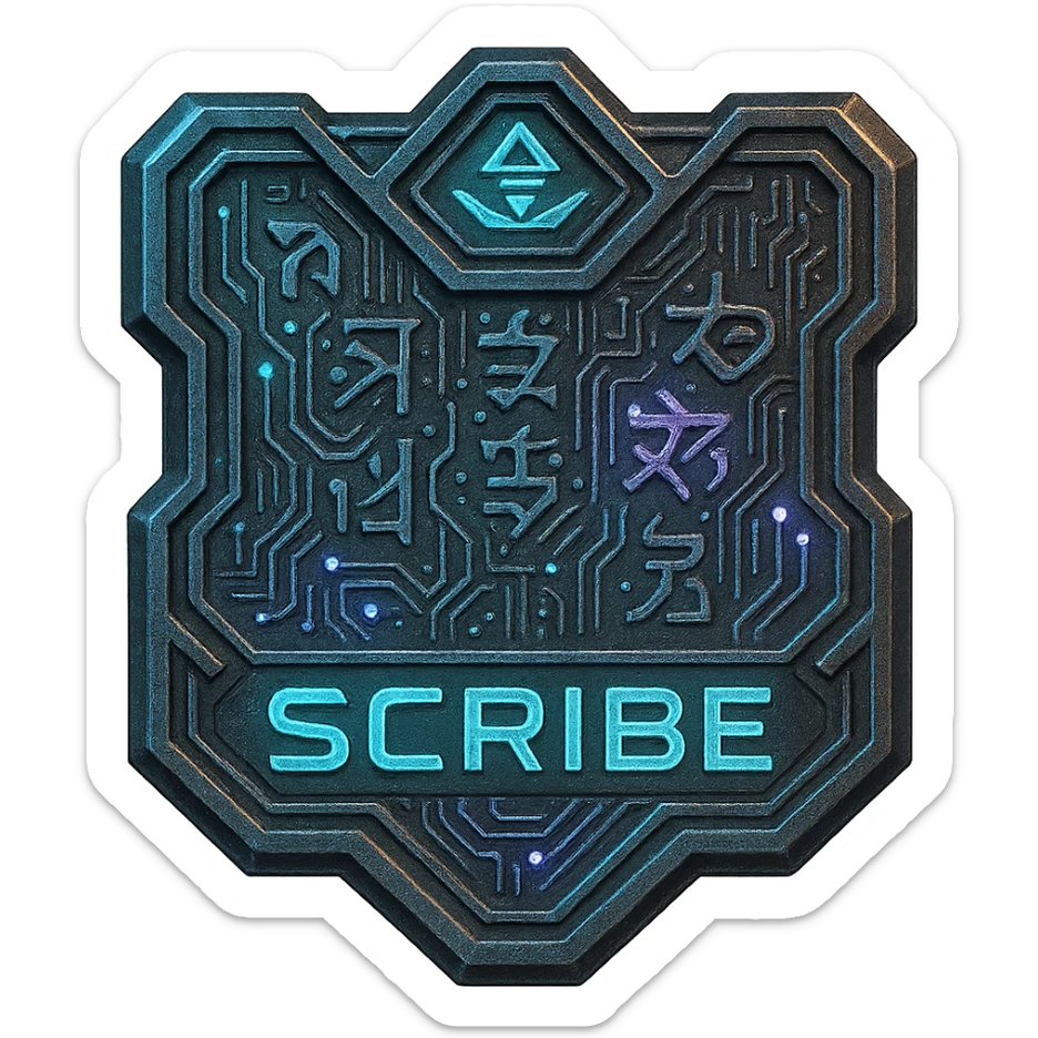 a metal insignia badge for a "scribe", space scifi-futuristic cyberpunk futurepunk sticker
