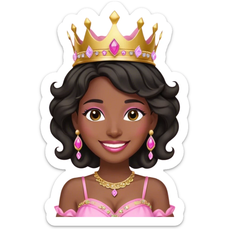 Crown dark black women smiling with really longer lightly WAVY hair pink dress pink crown facing forward black hair middle age adult woman gold gems in crown gold earrings  one woman smiling wink less body sticker
