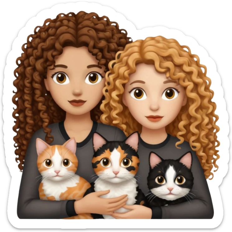 2 mujeres una crespa una de cabello largo  y 2 gatos uno negro y otro tres colores sticker
