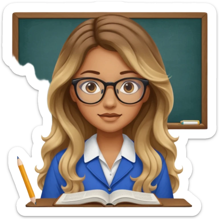 pretty female with long wavy brown hair with blonde highlights and blue eyes doing history homework  sticker