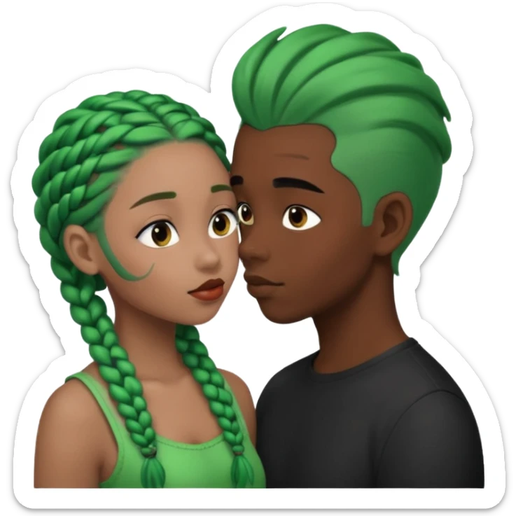 Black girl with green braids kissing white boy with black hair sticker