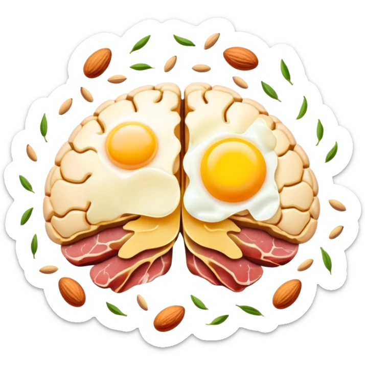 Glowing brain near a shimmering liver, with choline-rich foods floating around them: eggs with bright yellow yolks, clusters of almonds, cuts of lean meat, and dairy products. Golden connections flow between the foods and organs, showing the pathway of this essential nutrient. sticker