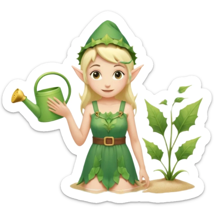 elf female tending to glowing beach plants, floral sundress, watering can or magic light, pointy ears, gentle smile, centered emoji, pastel magic sticker