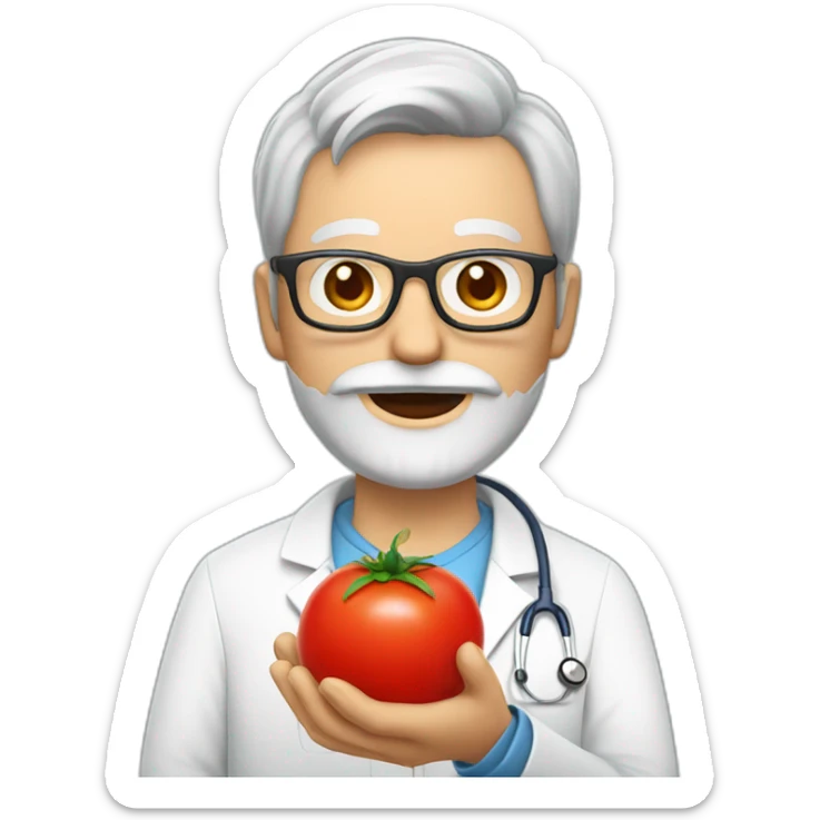 DOCTOR WITH WRINKLES, MAN, FULL GREY BEARD, GREY AND WHITE SHORT HAIR, RED GLASSES, holding a tomato on his palm sticker
