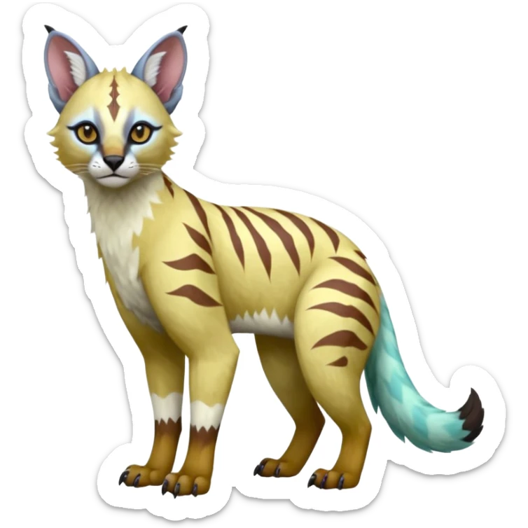 Realistic Colorful tropical tribal pale light fruity pastel exotic albino neon vibrant zigzagged fantasy-caracal-civet-genet-sergal-vernid-Gryphon-Cacomistle-Trico-oncilla-animal-Fakémon-hybrid-fursona (full body), facial markings, (realism style) sticker