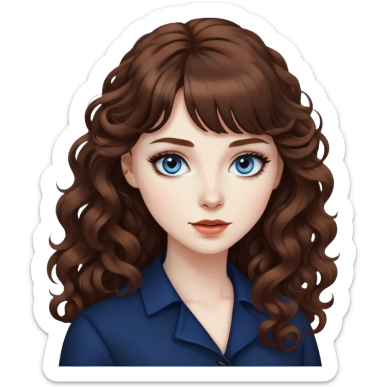 pale skin, brown bangs long curly hair, dark blue eyes, black eyeliner, pretty bratz baddie sticker