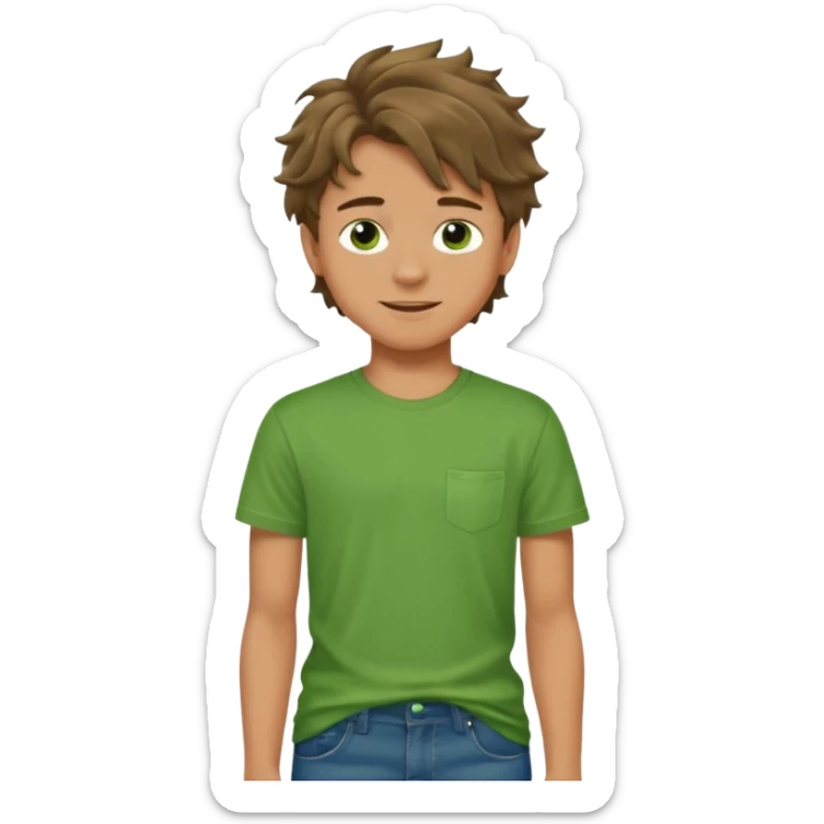 A 14 yerar old teenage boy, tanned, wearing a green t-shirt , blue jeans and green sneakers with brown wavy tousled hair, smirking sticker