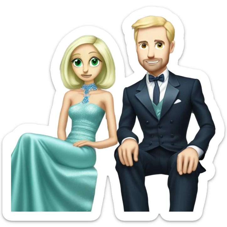 light green skin alien blonde woman in long slim pastel blue formal party satin dress with gradient shiny sparkling navy blue diamonds embroidered , and caucasian man in black dress, sitting on a white couch  sticker