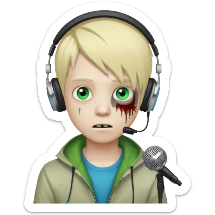 boy zombie whit blonde emo hair and eyes blue and green skin and heandphones and a microfone sticker
