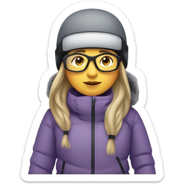 chubby female skier with long straight hair, glasses, grey purple snow jacket, black pants, black only snow boots and black skis. sticker