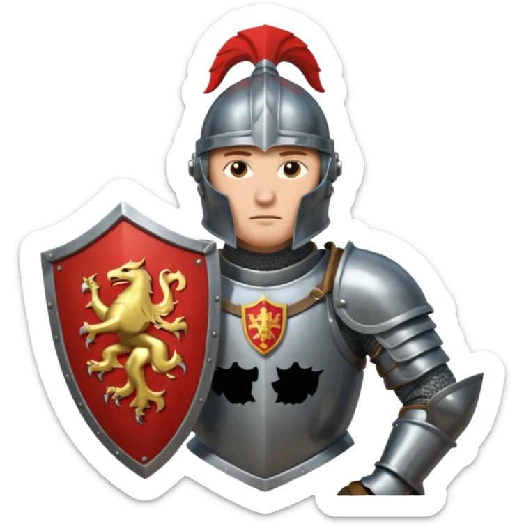 An emoji portrait of a medieval knight. He wears a suit of armor with a stylized helmet. His expression is serious and determined, and he holds a shield with a family crest. sticker