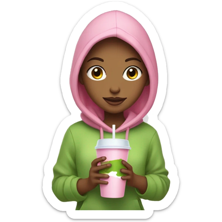 Pretty girl -brawn hair- pink hoodie-holding a glass cup of iced matcha  sticker