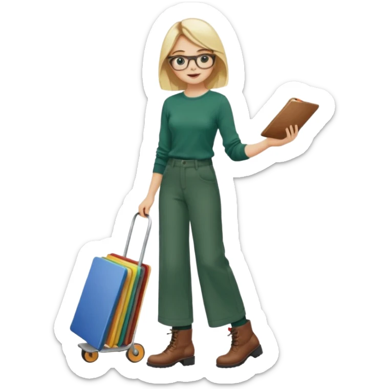 Fille blonde, pantalon ample vert foncé. Lunettes ronde fine. Bottines marrons. Elle pousse une palette remplie de chaussettes  sticker