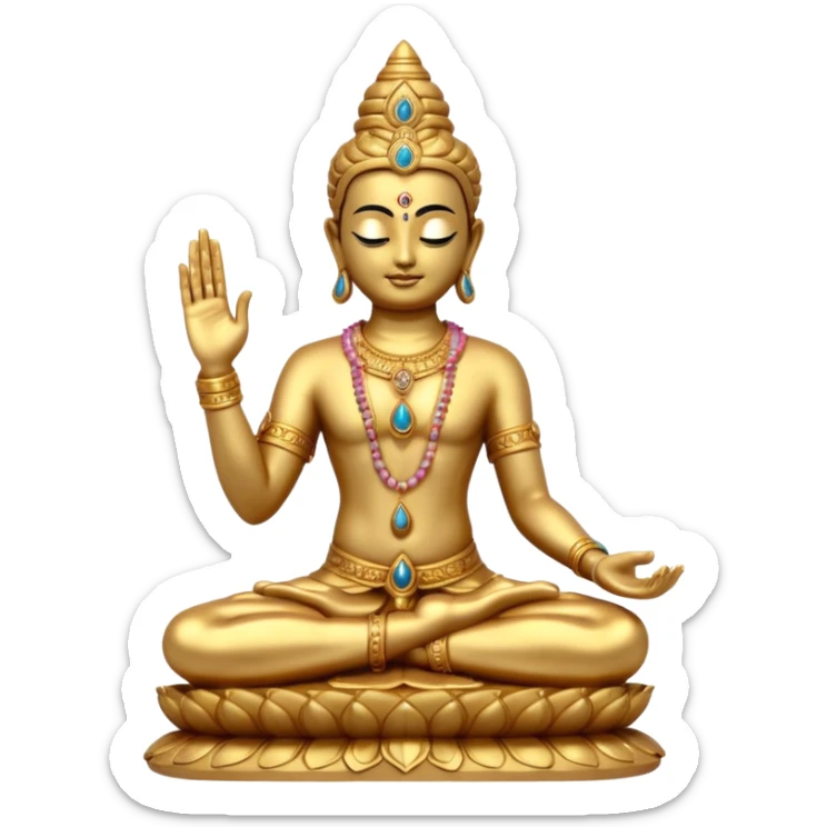 a golden statue of a Hindu deity seated in a yogic posture with one hand in a blessing gesture, adorned with ornate jewelry�. The figure sits on a decorated pedestal, radiating a sacred and traditional aura�. sticker