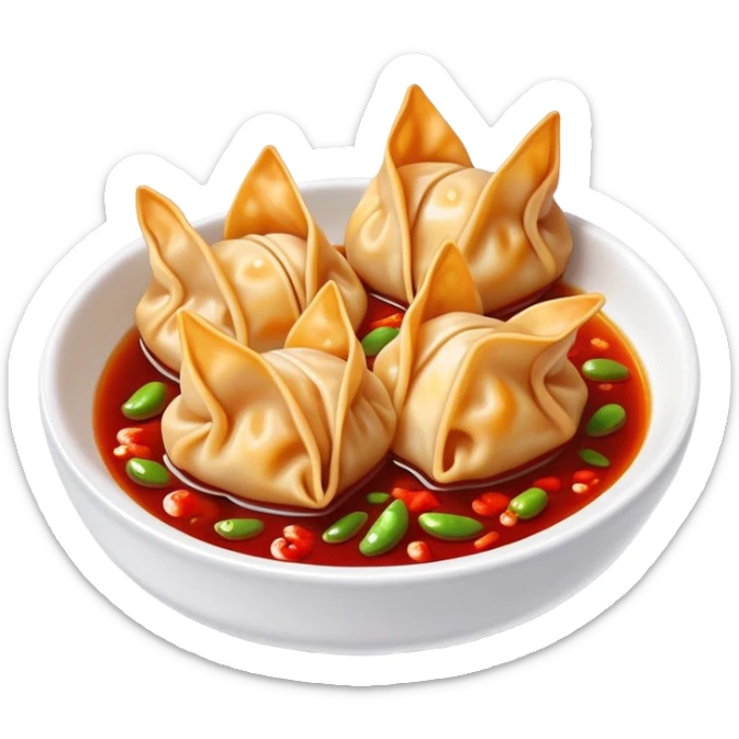 Sichuan spicy wontons in chili oil sauce, simplified emoji style with bold outlines and bright colors, cartoon style red Chinese dumplings Hongyan Chaoshou sticker