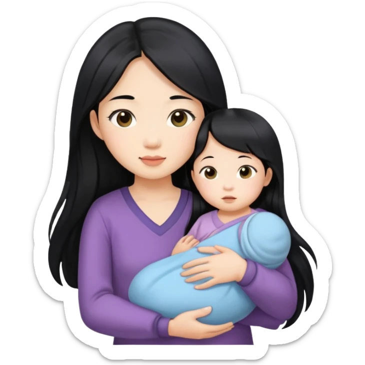 Beautiful Asian girl with long black hair holding baby sticker