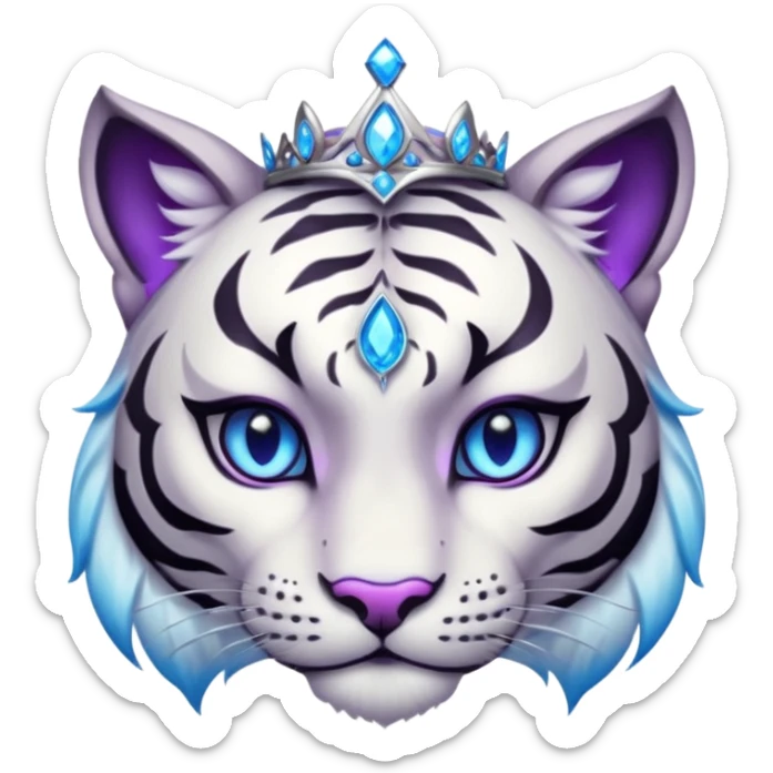 ESO Female white/black tiger khajiit leader of the umbral rose, glowing blue eyes, glowing blue 'third eye' gem; purple gem silver tiara sticker