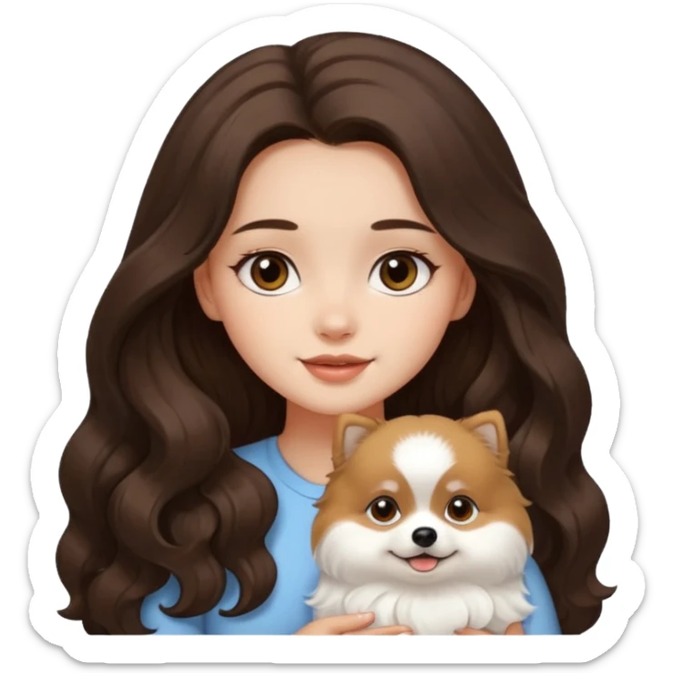 light-skinned-girl-wavy-dark-brown-long-without-volume-hair-brown-eyes-petting-light-white-pomeranian sticker