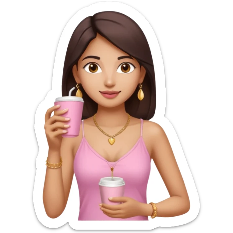 a pretty fair indian bratz girl with a pink cami top, drinking takeaway brown coffee, golden dainty necklace and carrying a white bag sticker