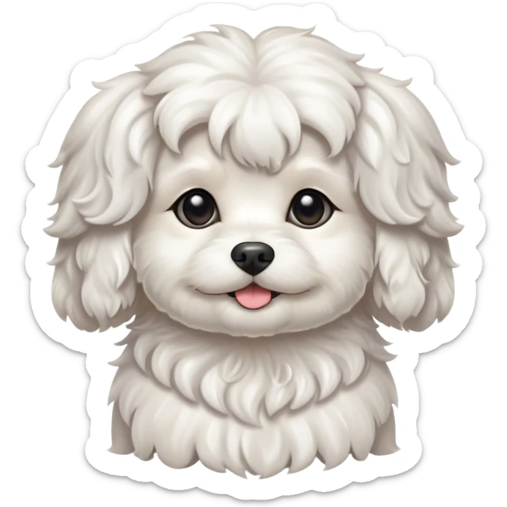 Cinematic Cute Wavy-Haired Maltese dog Portrait Emoji, Head tilted playfully and inquisitively, featuring a luxurious, wavy-haired white coat with a healthy sheen, round, sparkling dark eyes filled with curiosity, Simplified yet irresistibly adorable features, highly detailed, glowing with a warm, friendly glow, high shine, affectionate and lively, stylized with a touch of whimsy, bright and endearing, soft glowing outline, capturing the essence of a mischievous yet loving companion, so playful it feels like it could scamper out of the screen and into your arms! sticker