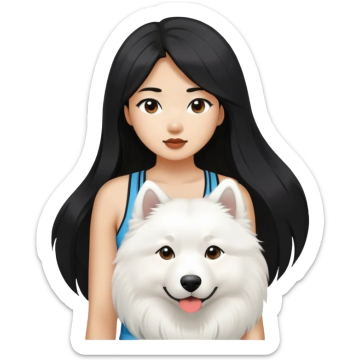 a asiatic girl in the tank top with long black  hair and a samoyed sticker
